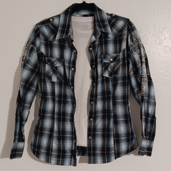 Western plaid button down women’s medium Panhandle Slim blue white silver black - Picture 11 of 11